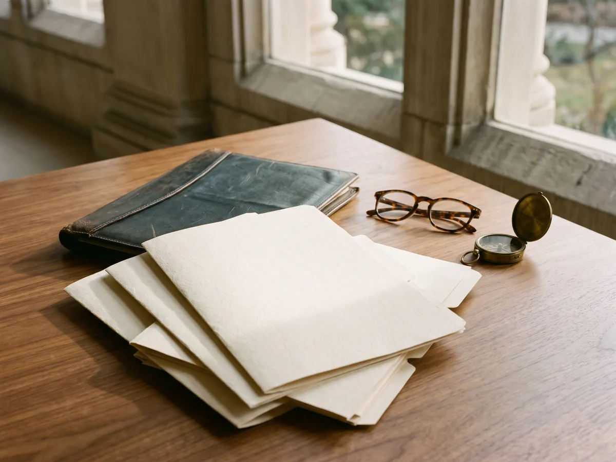 Leather portfolio, eyeglasses, and blank archival cream folders arranged on a sunlit walnut table beside limestone window columns